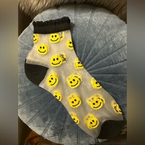 Sheer Ankle Socks 🙂 Smiley Faces | Yellow/Black Design & Trim Sheer White Nylon